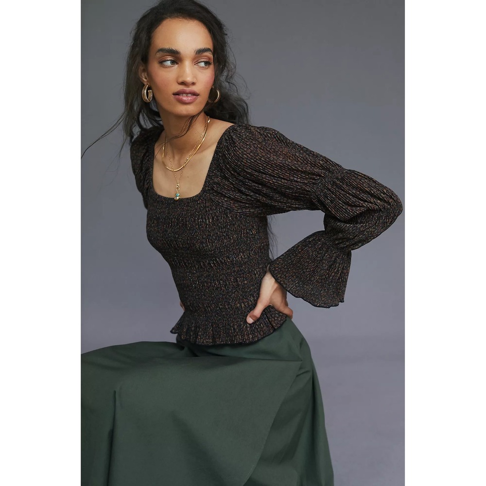 Anthropologie Fairy Grunge Metallic Smocked Puff Sleeve Top Brown Womens Medium